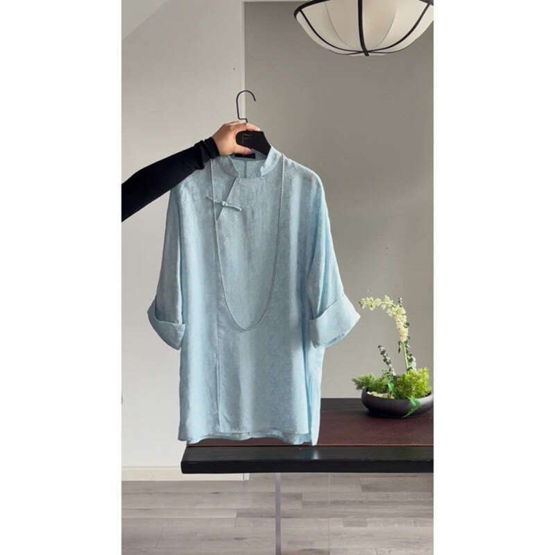 2026 New Chinese Satin Jacquard Women's Shirt Retro Tang style Stand up Collar Loose Shirt Loose Commuter Top