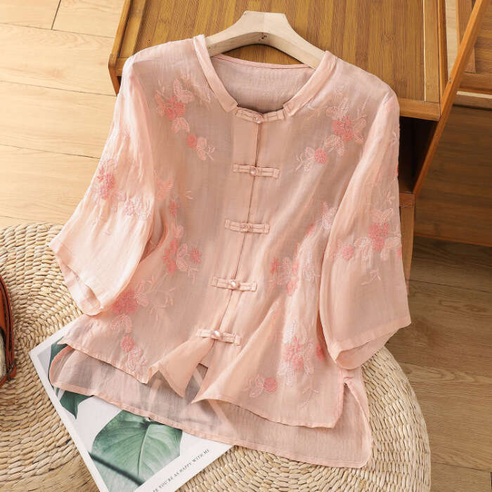 New Chinese style Sle Women's Cotton and Hemp Embroidered Short Sleeve Summer Thin Loose Top Button Classic A-line Version Short Sleeve