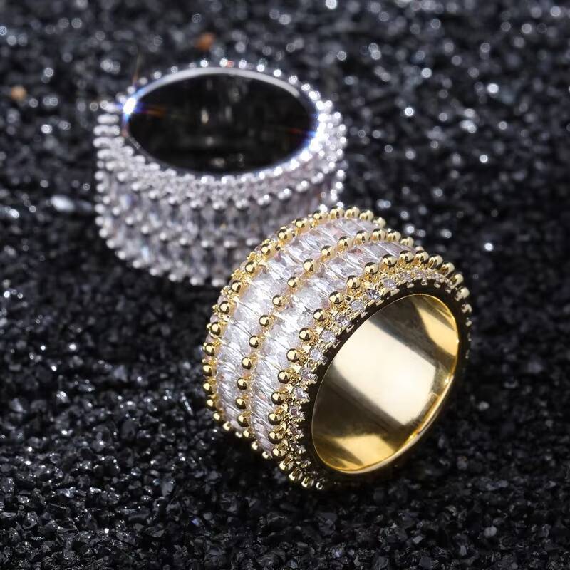 Wholesale Double Row Square Cubic Zircon Lab Diamond Rhodium Plated Round CZ Rings Luxury Hip Hop Jewelry for Men Women