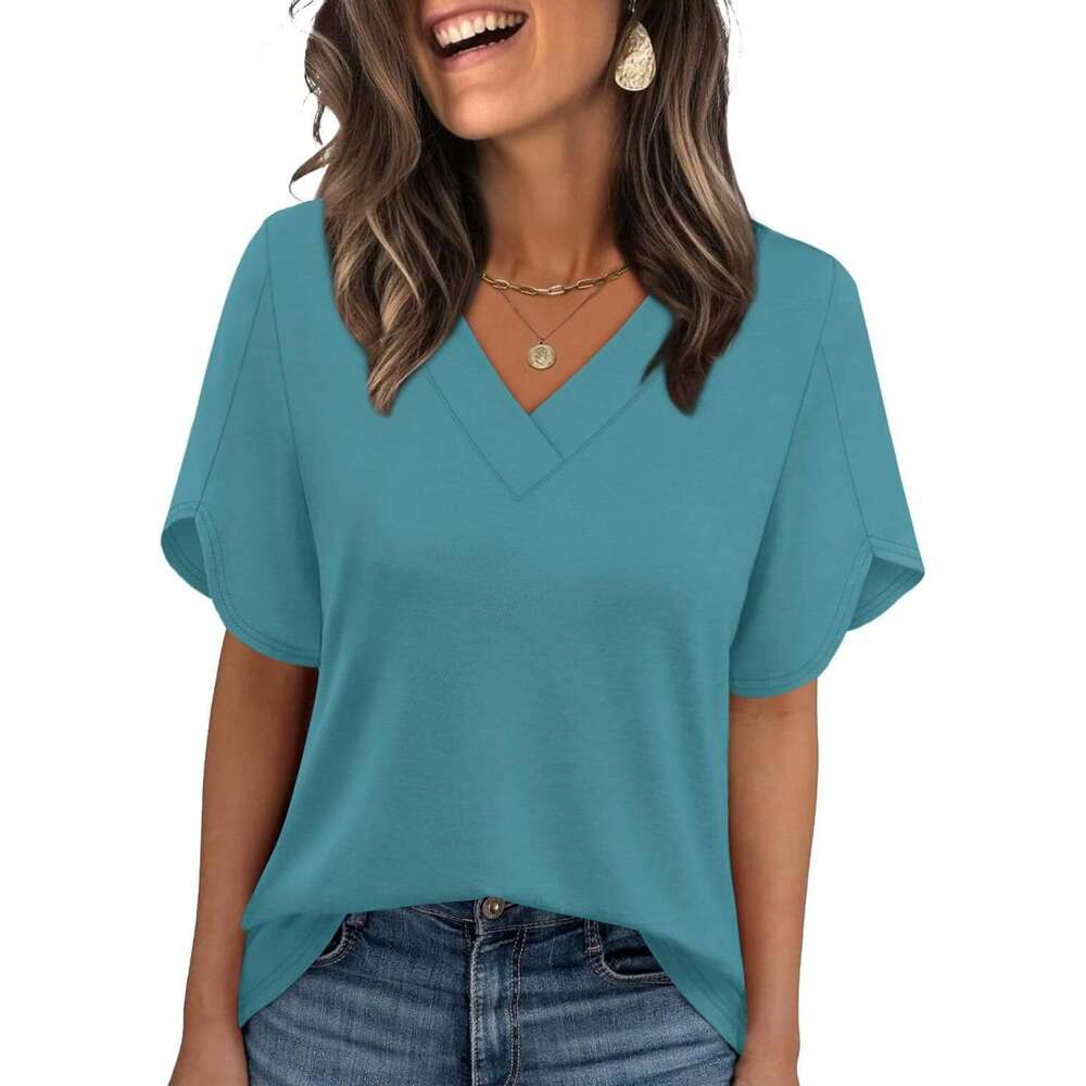 V Neck T Shirts for Women Designer Summer Spring Short Sleeve Shirt Dressy Business Casual Blouse Beach Vacation Clothes