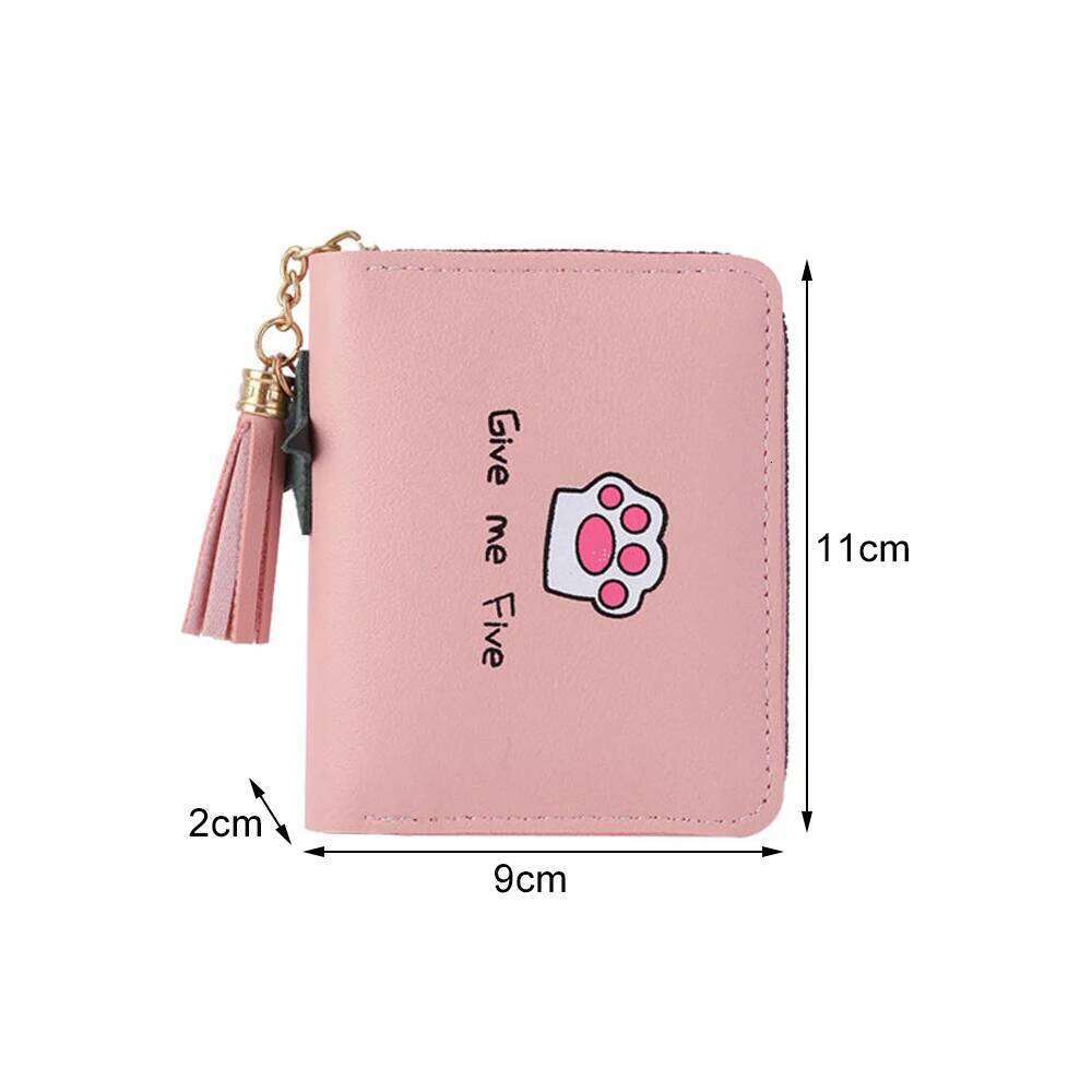 New Women's Fashion Short Casual Student Coin Purse Cute Cartoon Cat Paw Print Tassel Zipper Card Case Designer Wallet C260304
