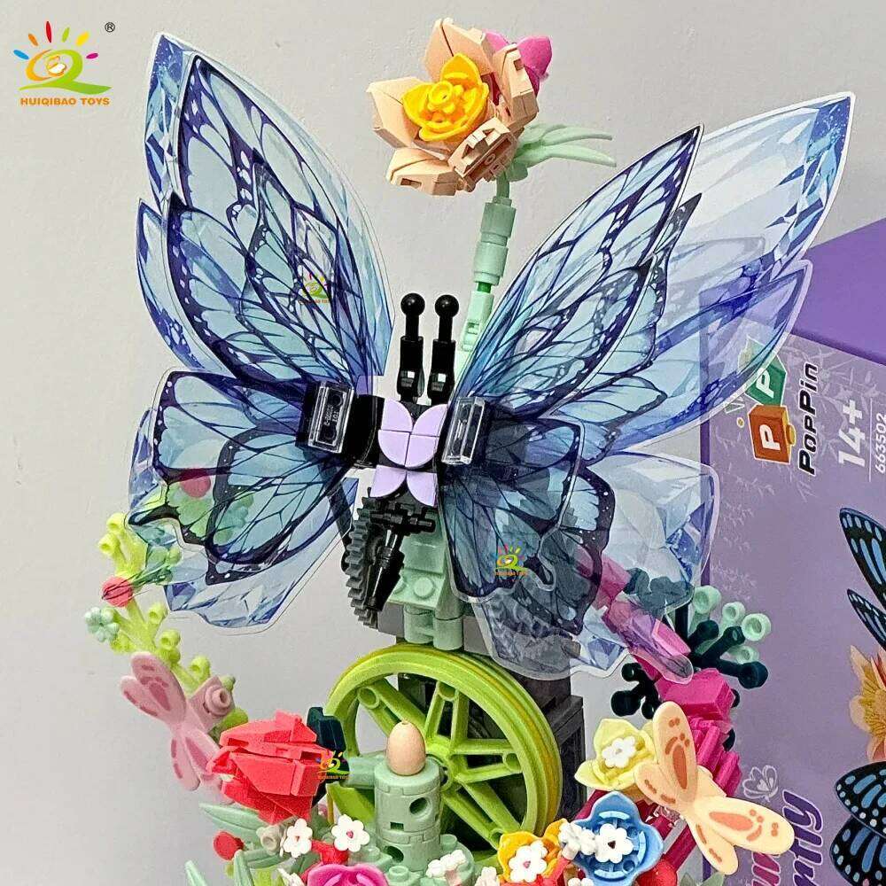 HUIQIBAO 630PCS MOC Butterfly Music box Model Building Block Flower Brick Construction Toy For Children Desk Home Decoration Z260306