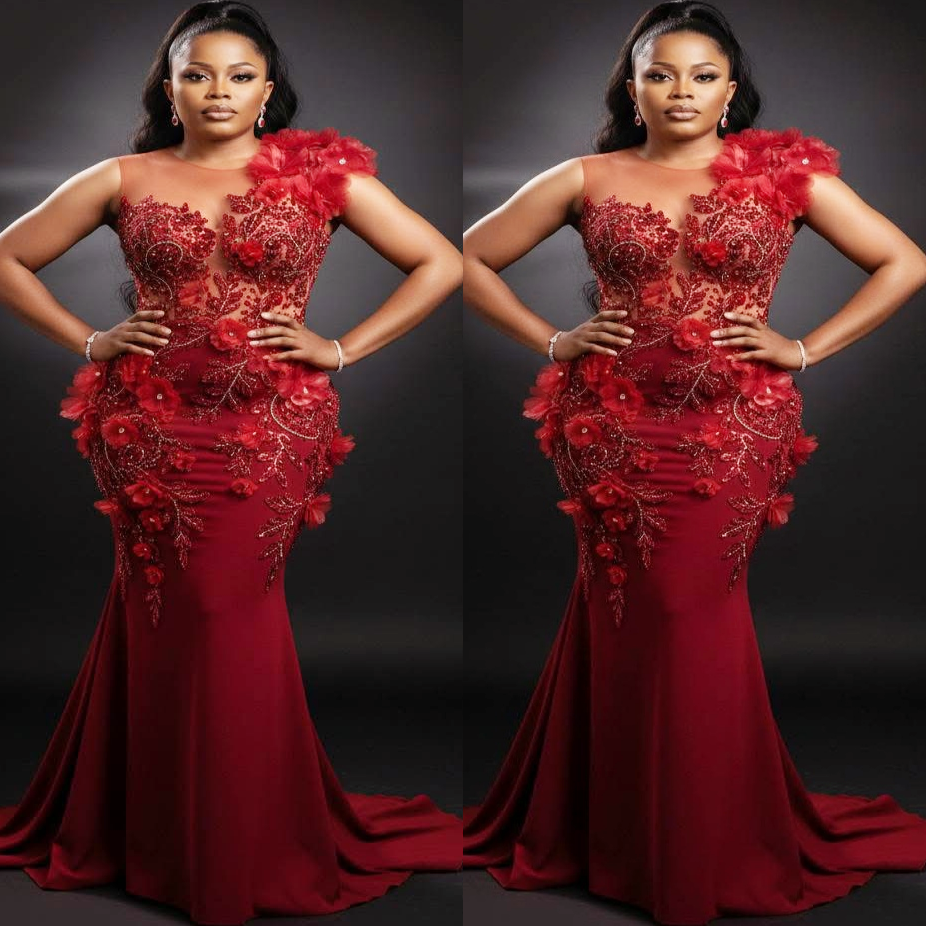 Aso Ebi Dark Red Prom Dress 2026 Mermaid Prom Dress Appliques Beaded Flowers Evening Dresses For Black Women Birthday Party Formal Receiption Gowns Dr