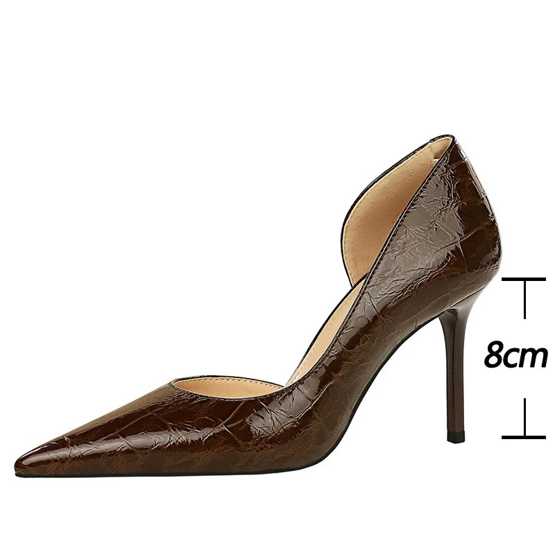 BIGTREE Shoes Women 8 Cm Patent Leather Women Pumps Pointed Side Hollow Retro High Heels Stilettos Sexy Party Shoes 43 260306