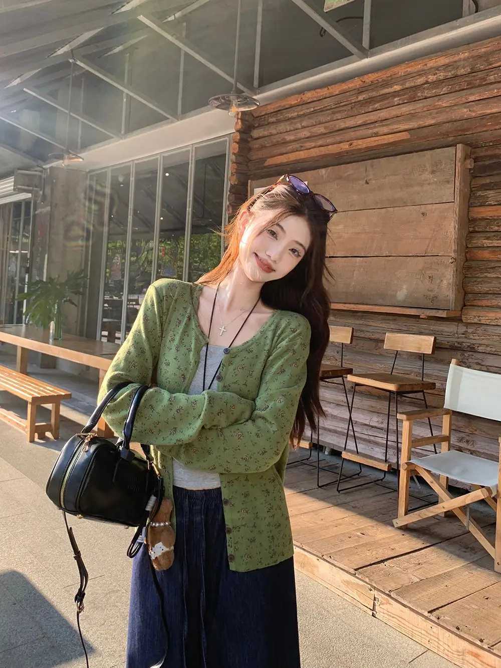 Lazy Style Sweet and Spicy Round Neck Green Floral Fresh Knit Cardigan Sweater Jacket Womens Outerwear Long Sleeved Top M260306