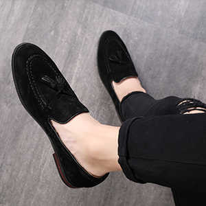 Men's Black Suede Tassel Loafers Slip-On Casual Dress Shoes Comfortable Low Heel Walking Shoes