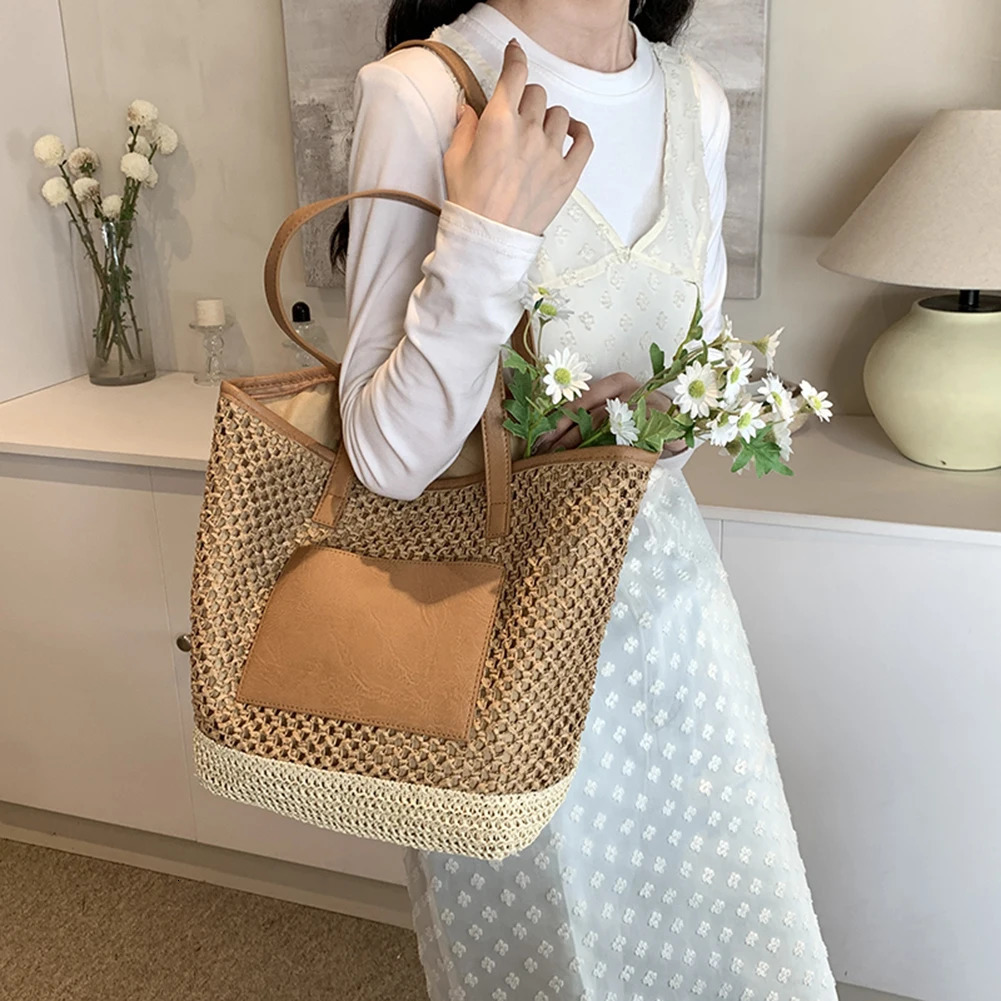 Women Straw Crochet Beach Handbag PU Patchwork Simple Shoulder Bag Contrast Color Minimalist Tote Bag Ladies Summer Bag 260303
