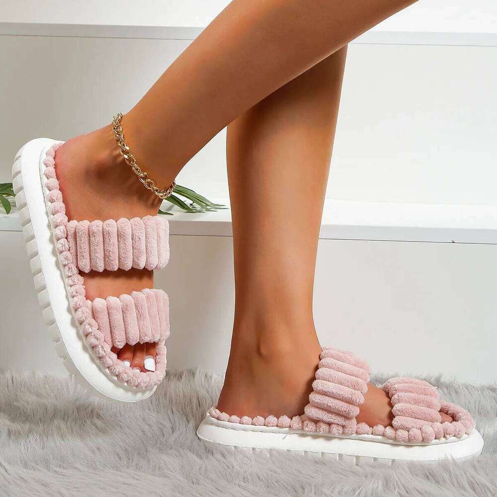 Litfun Winter Corduroy Fuzzy Platform Soft Sole Anti-slip EVA Foam Slides Furry Comfy Women's Slippers