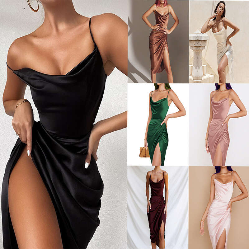 2026 Fashionable Foreign Trade Satin in European American Style, Slim Fit, Elegant and Sexy Strapless Slit Dress