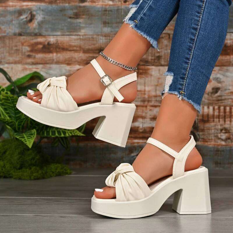 2026 new summer comfortable and elegant high-heeled sandals with fashionable temperament bow tie thick heel casual women's shoes