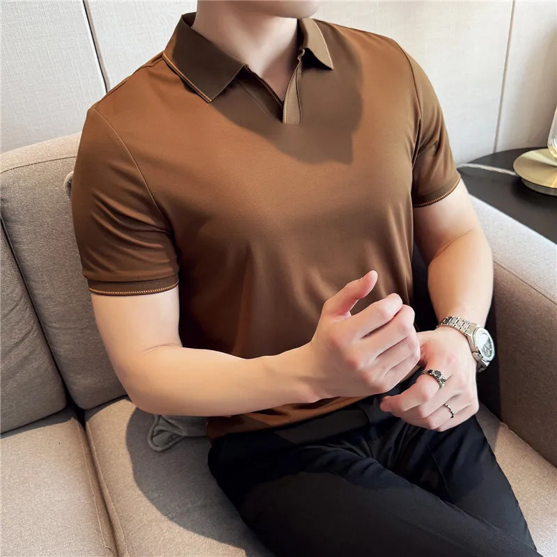 Men Polo Shirt Short Sleeved Summer Ice Silk Light Thin Soft Solid Casual Elastic Slim Fit T-shirt Daily Wear Streetwear Top 260304