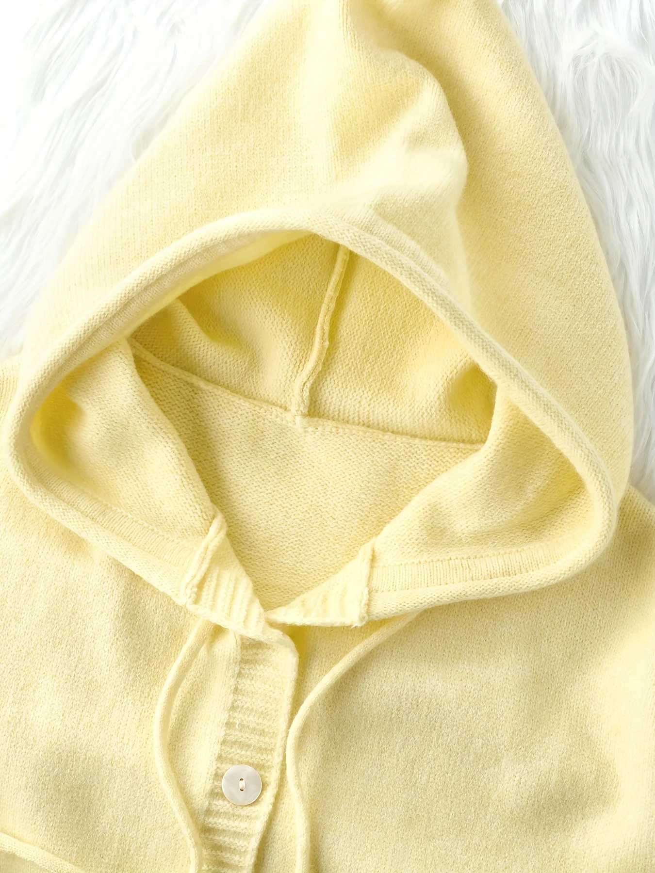 Womens yellow loose hooded knitted cardigan spring autumn solid color versatile casual knitted sweater coat M260306