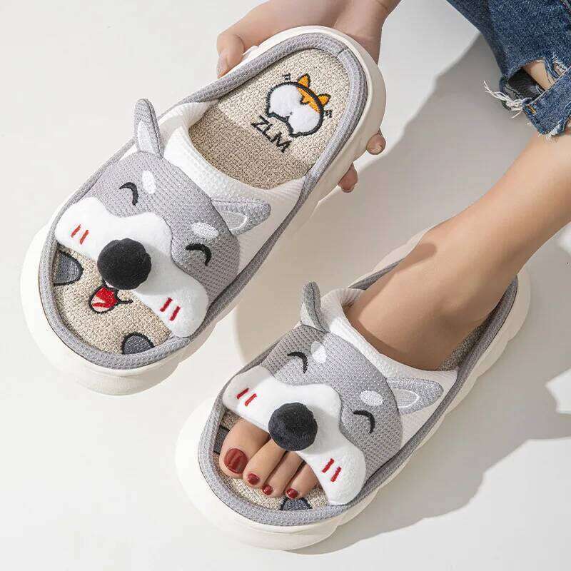 Litfun Thick Bottom Linen Women Lovely Cartoon Home Couple Cute Cow Four Seasons Indoor Flat Slippers