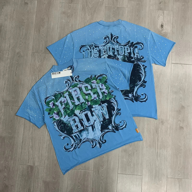 FIRST ROW T-Shirts street fashion American Style Drill Letters Mens Womens High Quality Short Sleeves Black Washed Tee 260304