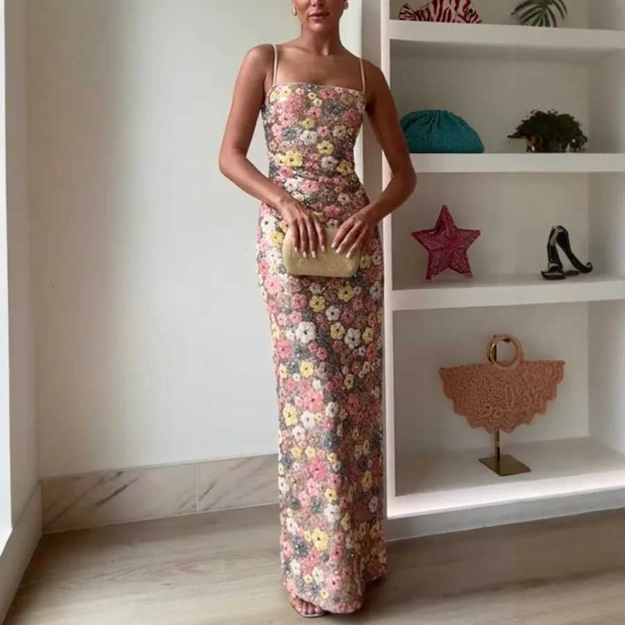 Summ Women Flowers Sequin Patchwork Slim Party Long Dress Strapless Fashion Maxi Dress Sexy Sleeveless Ladies Dress Vestidos X260306