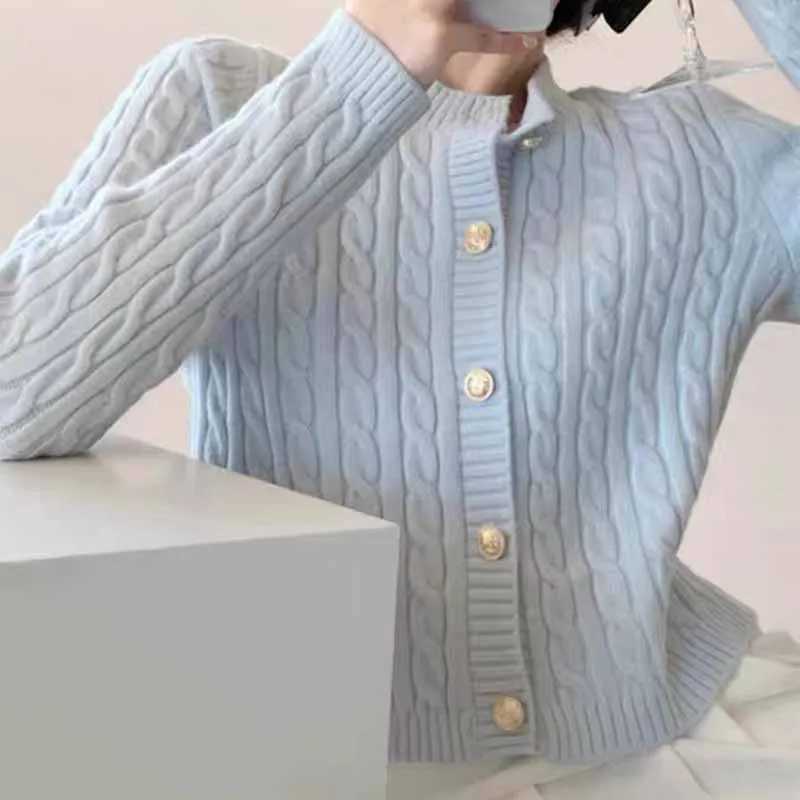 Korean Chic Cropped Sweater Jacket for Women Simple All-Match Round Collar Twist Knitted Cardigan Autumn Winter Buttons Knitwear M260306