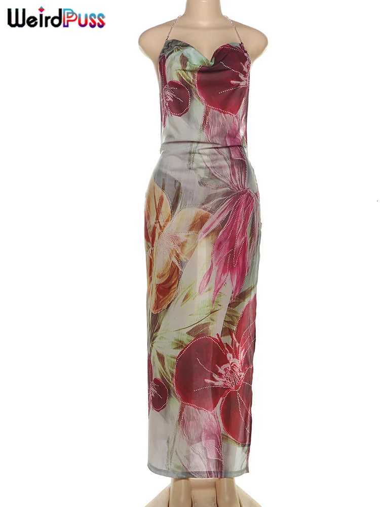 Weird Puss Floral Print Dress Women Bead Chain Halter Swing Collar Backless Vacation Fashion Beach Party Elegant Long Bodycon X260306