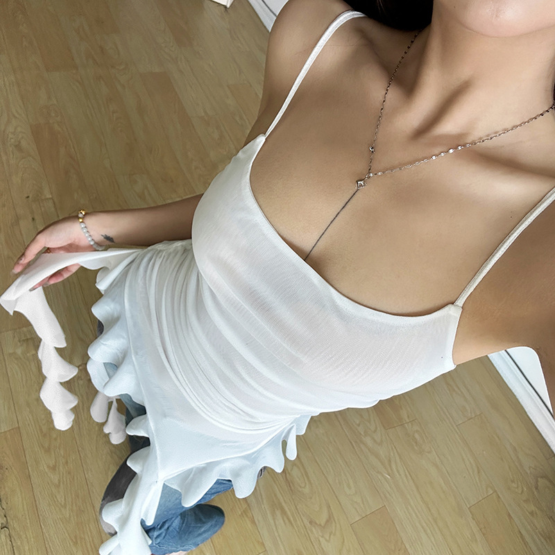 Basic & Casual Dresses Street Tie-dye Mesh Camisole Vest 2026 Sumemr New All-match Tank Top Y2k Slim Fit Irregular Ruffles Tassel Sling Dress