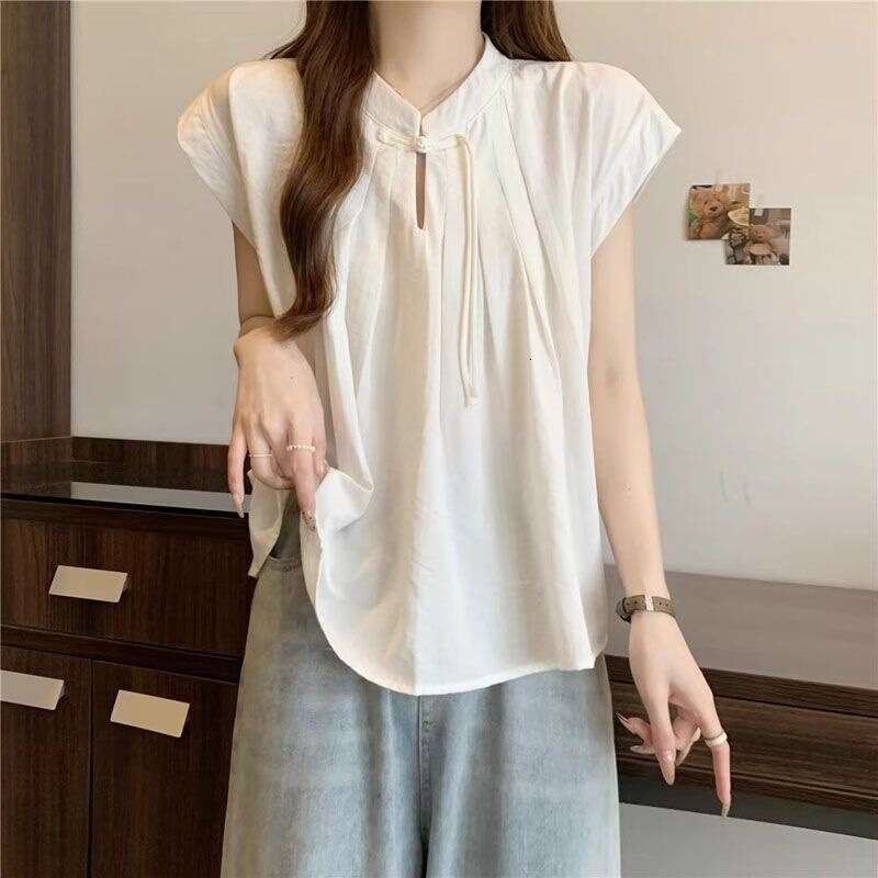 Loose Fit White ort Sve irt New Chinese Sle Women's Summer Top Zen Design Sensation National Trend Loose Upperwear