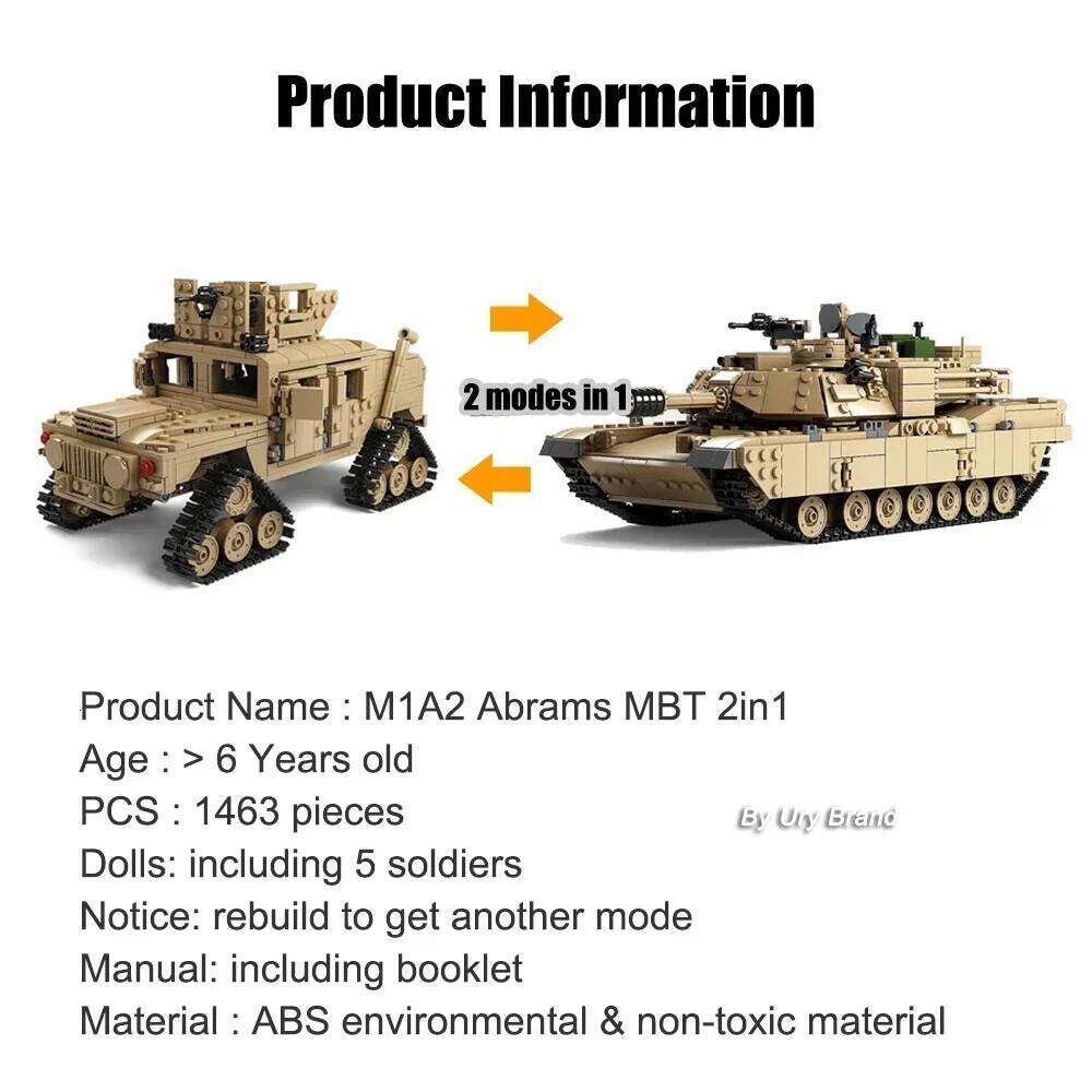 2in1 WW2 Military M1A2 Abrams MBT Tank Model Army Cannon Chariot Set Soldier Figures DIY Building Blocks Toys for Boys Kids Gift Z260306