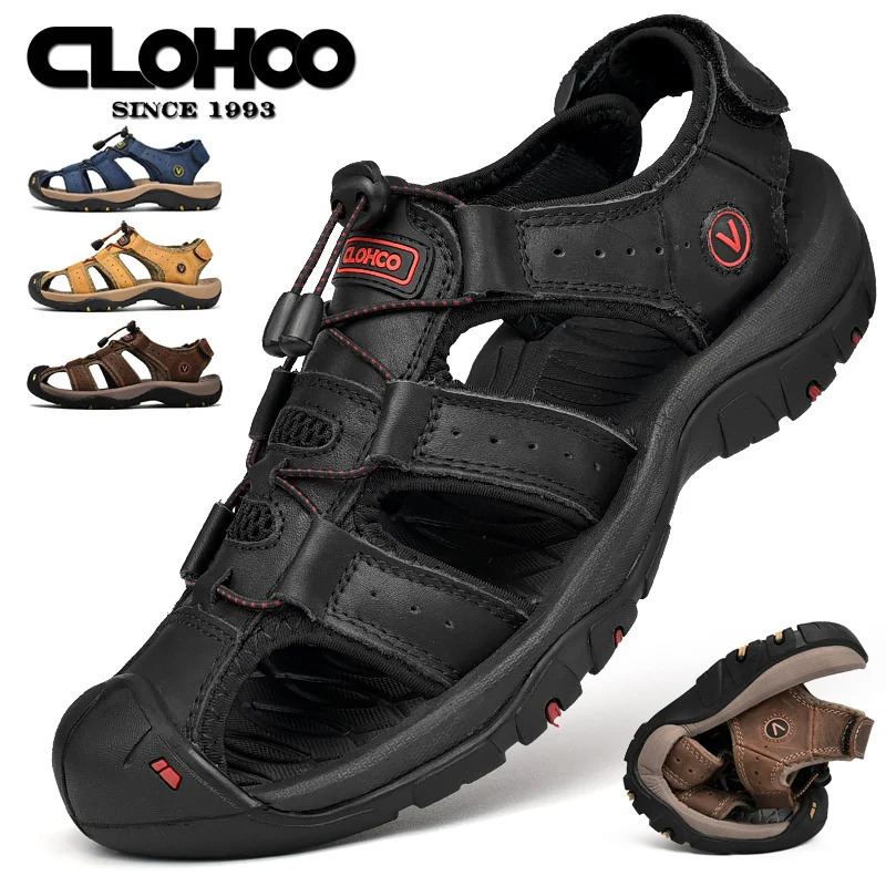 CLOHOO Mens Sandals Handmade Thick Bottom Rubber Breathable Casual Slip-On Beach Shoes Leather Upgraded Version 260227