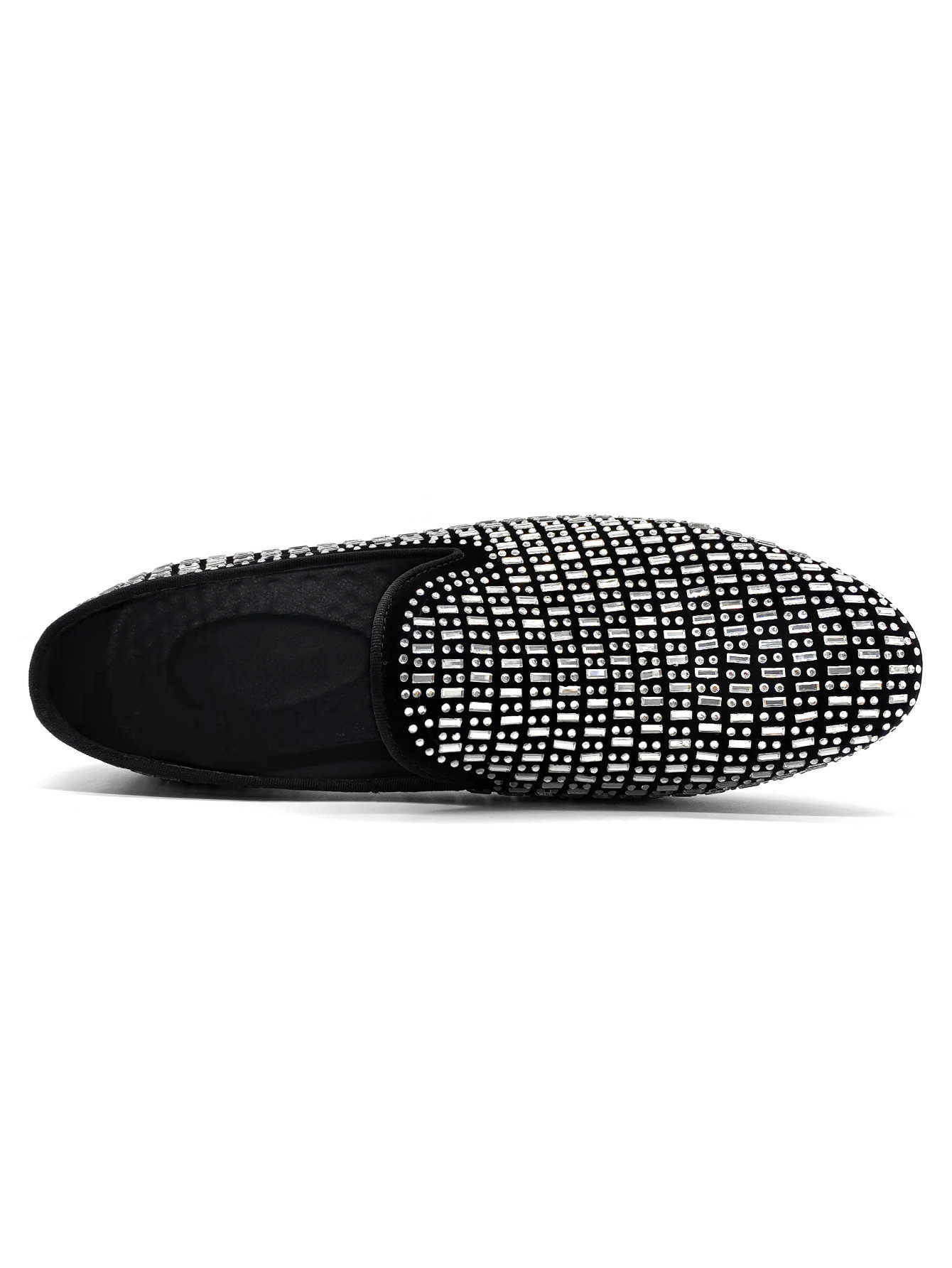 Men's Wedding Dress Shoes Black Velvet Full Rhinestone Slip On Loafers Luxury Crystal Embellished Formal Party Prom Nightclub Shoes for Men