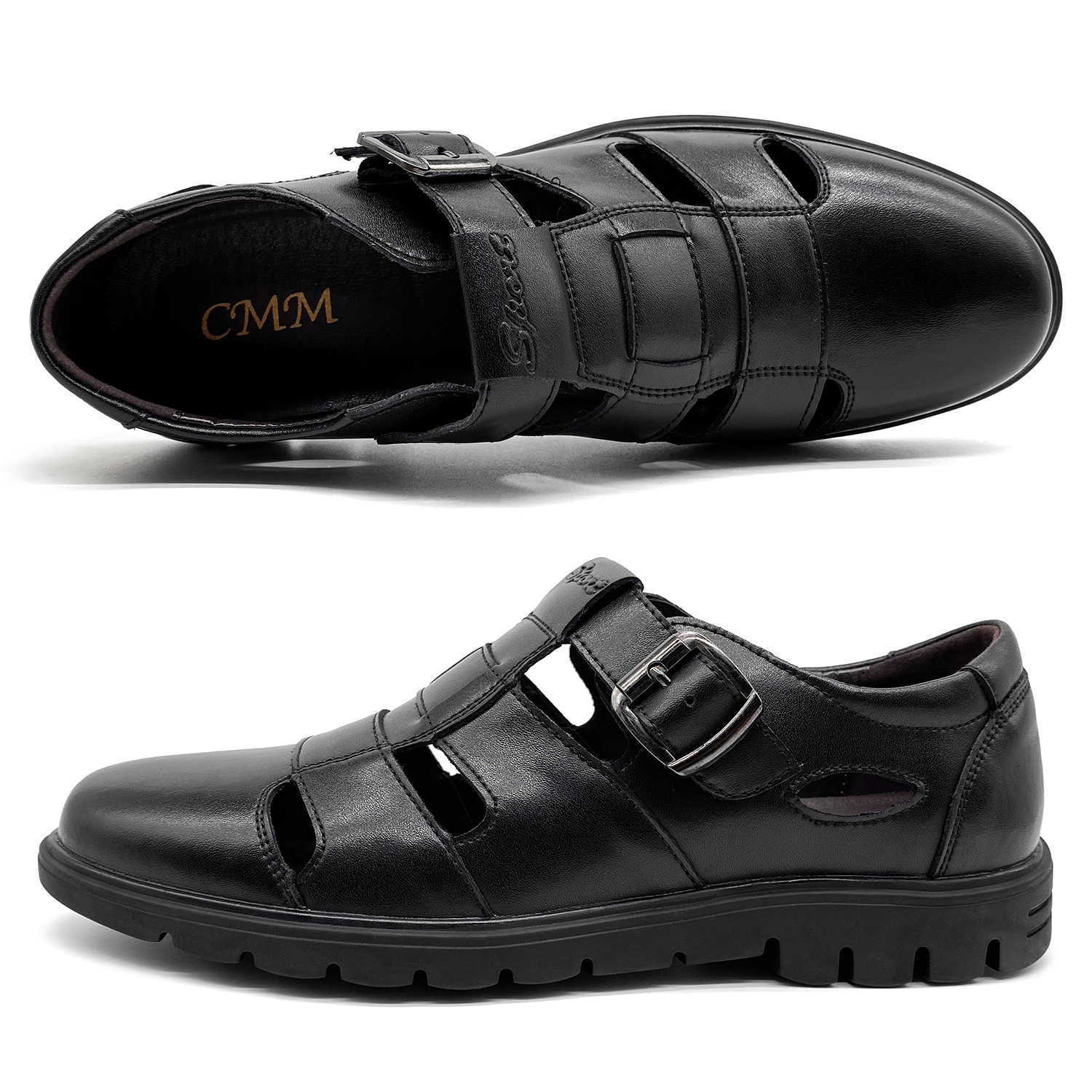 Men's Black Leather Closed Toe Sandals Hollow Out Breathable Fisherman Sandals Buckle Strap Non-Slip Casual Business Walking Shoes