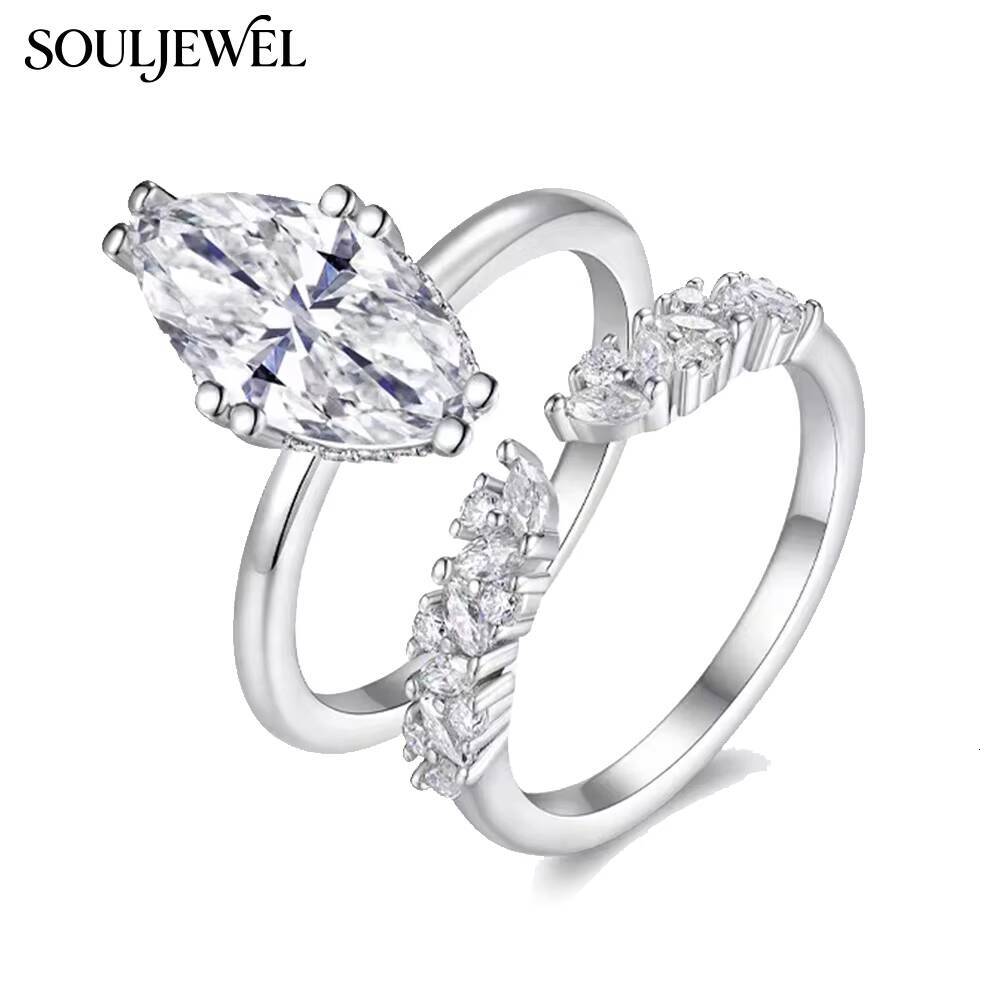 Souljewel Marquise Moissanite Combination Stacking Rings D Color VVS Sterling Silver Wedding Engagement Anniversary Bands