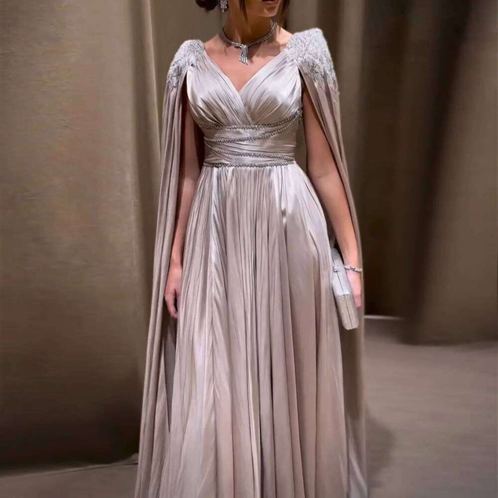 Rose Gold Arabic V-Neck Turquoise Evening Dress With Cape Women Wedding Party Gown Customized