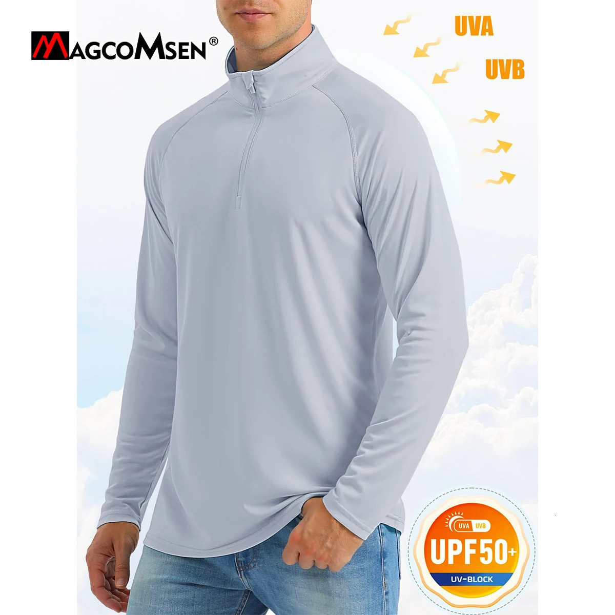 MAGCOMSEN UPF50 Mens Tshirt UV Sun Protection Long Sleeve Hiking Fishing Shirt Quick Dry 14 Zip Summer Workout Pullover Tops 260302