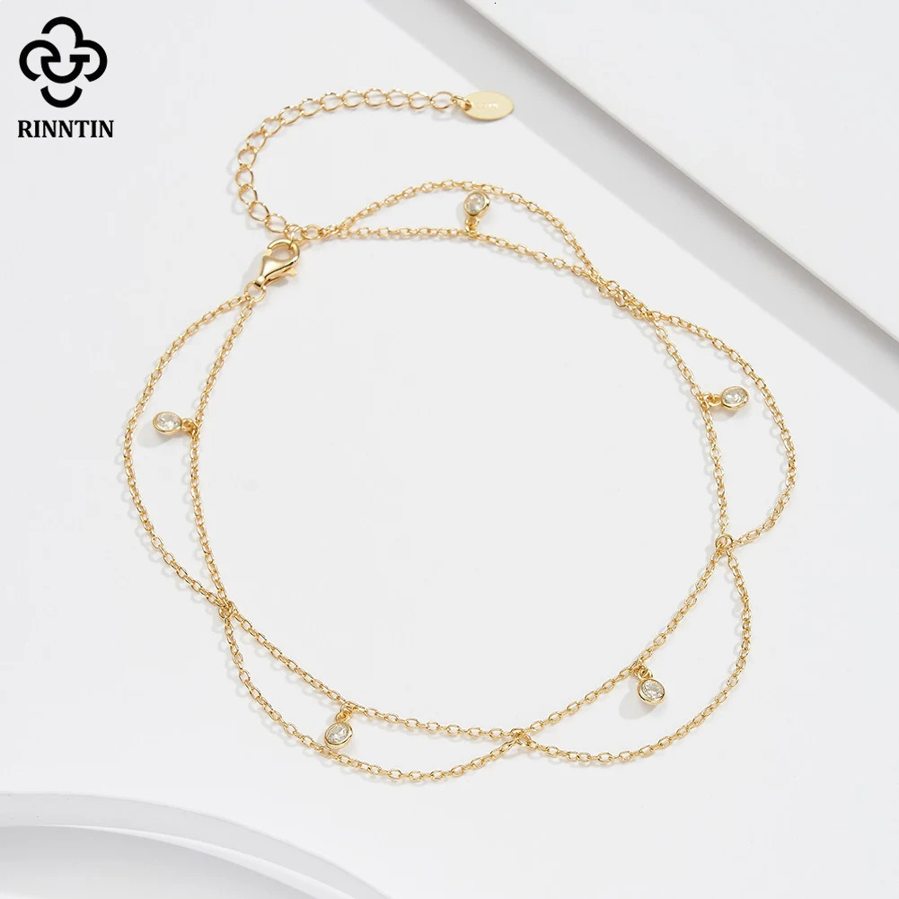 Rinntin 925 Sterling Silver Dangle Shiny CZ Anklet for Women Summer Foot Chain Bracelet Fashion Ankle Straps Jewelry SA72 260304