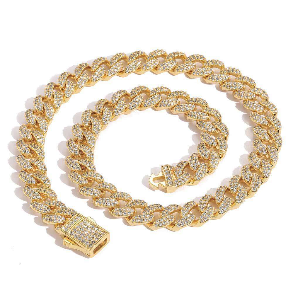 European and American 12mm Spring Snap Double Row Zircon Cuban Chain Trendy Personality High-Quality Men's Hip-Hop Necklace