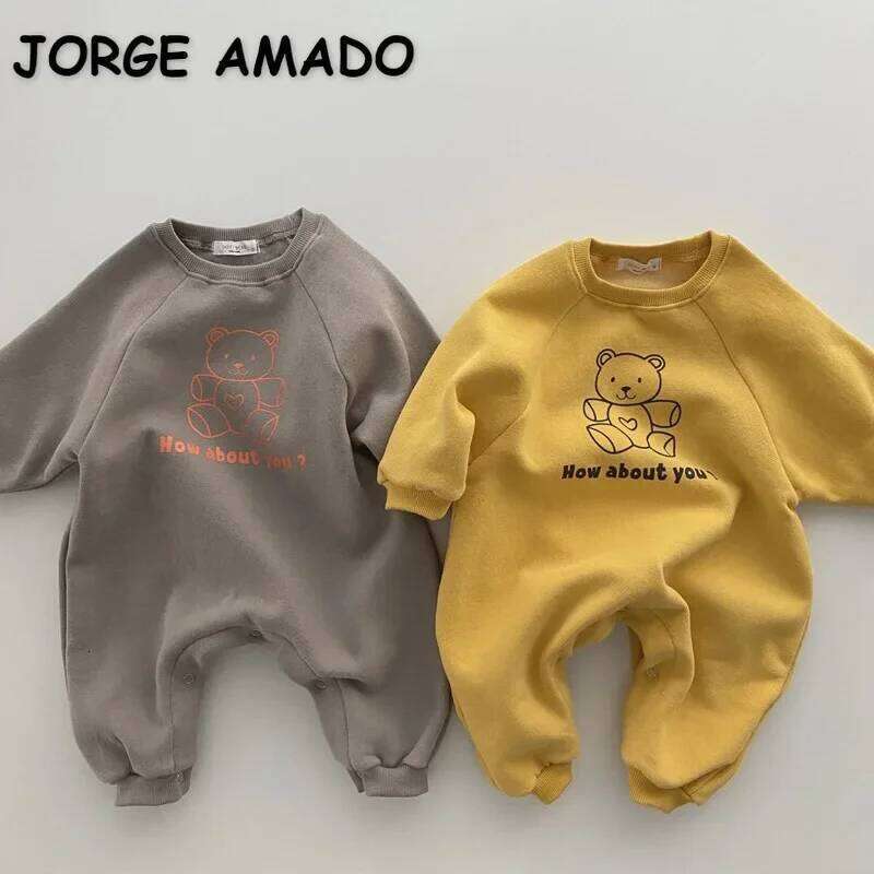 New Autumn Baby Boy Romper Yellow Light Coffee Long Sleeves Round Collar Cartoon Bear Jumpsuit Playsuit Newborn Clothes E3841 Z260306