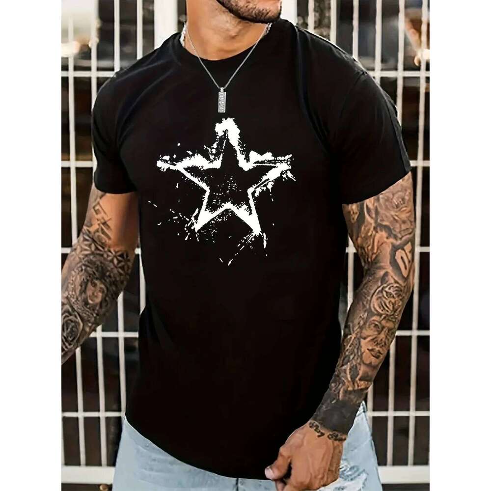 Summer men's cotton casual loose creative pentagram pattern printed comfortable round neck short sleeved T-shirt top 26H0306