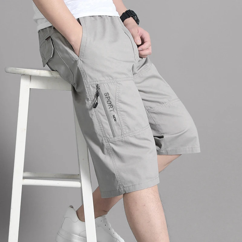 Mens Cargo Shorts Knee Pants Zipper Pocket Summer Cotton Shorts Climbing Jogger Elastic Waist Sports Wear 260306
