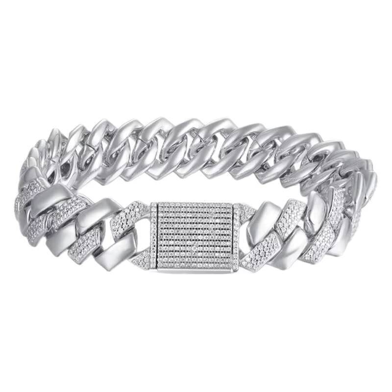 S925 Silver Gold/Silver Plated Inlaid Moissanite 14mm Wide Hip-Hop Cuban Bracelet for Men Third Party Bracelets Bangles