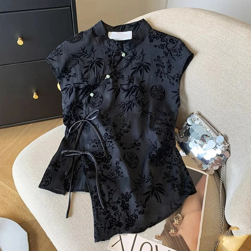 Retro Thin Shirt Chinese Style Cheongsam Top Black Jacquard Short Sleeve T-shirt Summer Mature Fashion Womens Clothing 260306