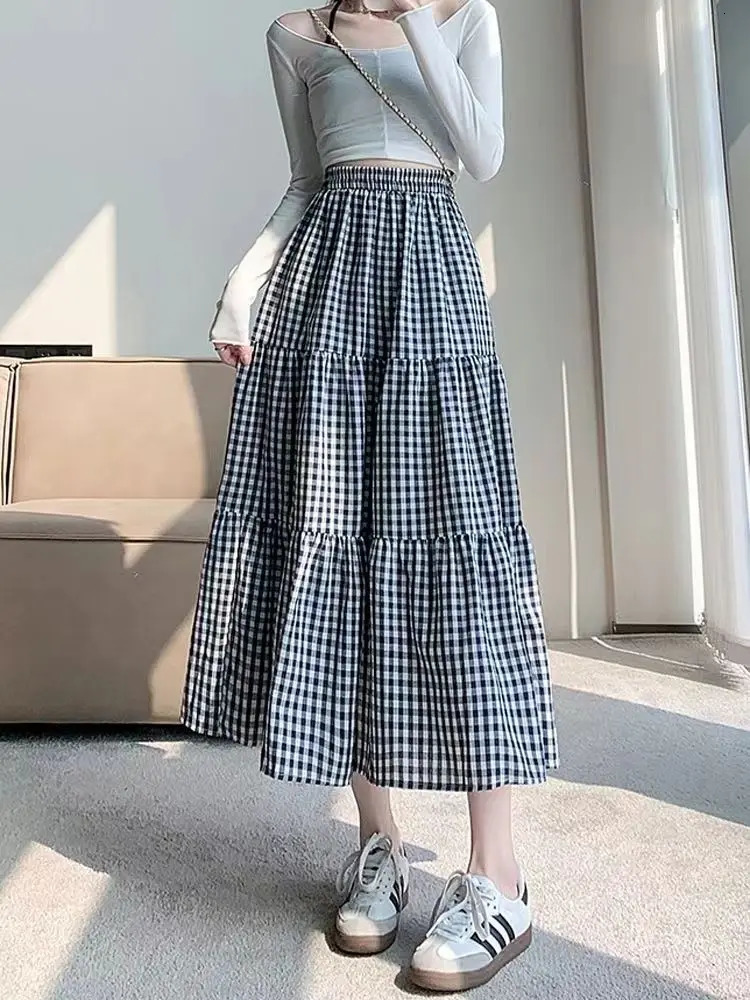 Patchwork Tiered Skirt Women Summer Vintage Checkered High Waisted Elastic Waist Slimming Midi Skir 260306