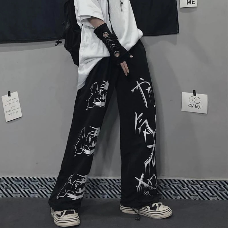 Black Japenese Printed Anime Y2k Sweatpants Male Streetwear Wide Leg Oversize Baggy Pants Casual Sport Causl Trousers Men 260303