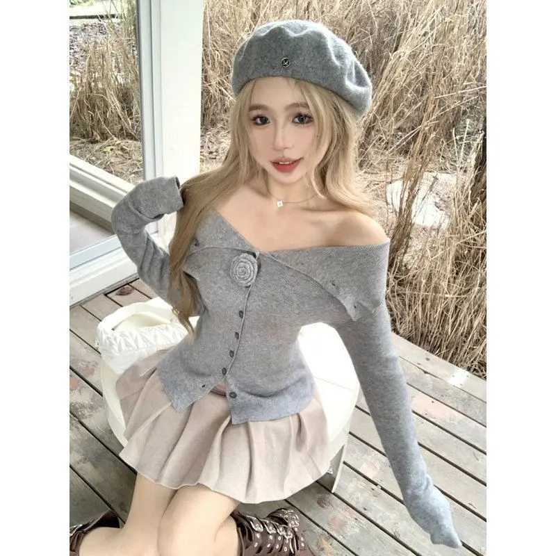 Spring Autumn Solid Color Slash Neck Long Sleeve Fashion Sweater Women High Street Button Patchwork Cardigan Off Shoulder Tops M260306
