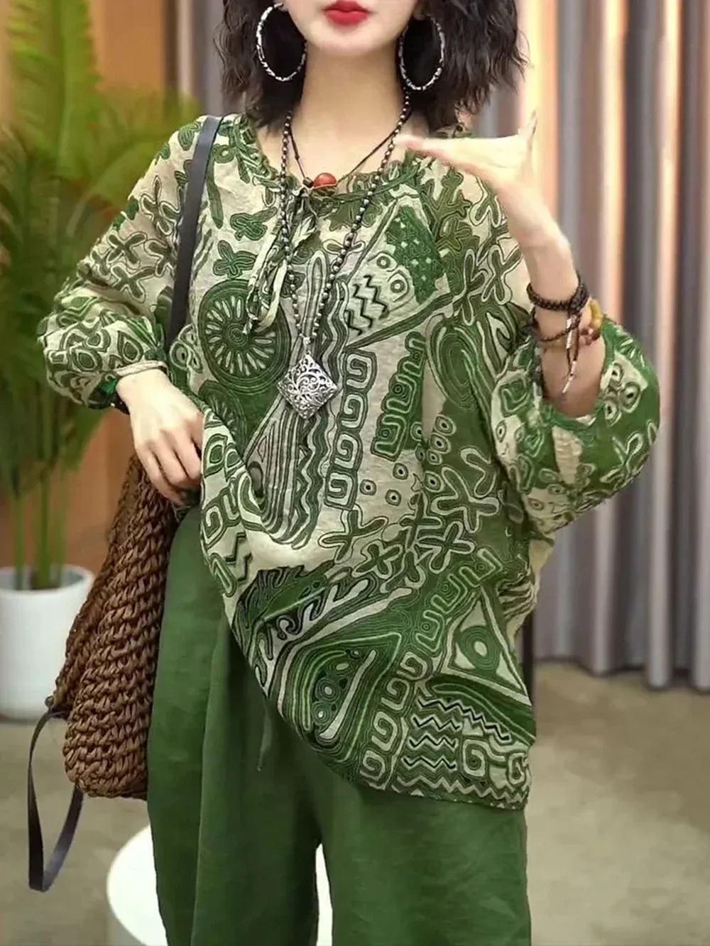 Womens Cotton and Linen Clothing Sets Female Floral Long Sleeve Tops and Loose Pants Female 2PCS Outfits Plus Size 260304