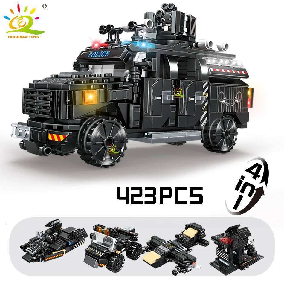 HUIQIBAO SWAT Police Truck Model Building Blocks City Helicopter Vehicle Car Figures Bricks Educational Toy For Children GIFT Z260306