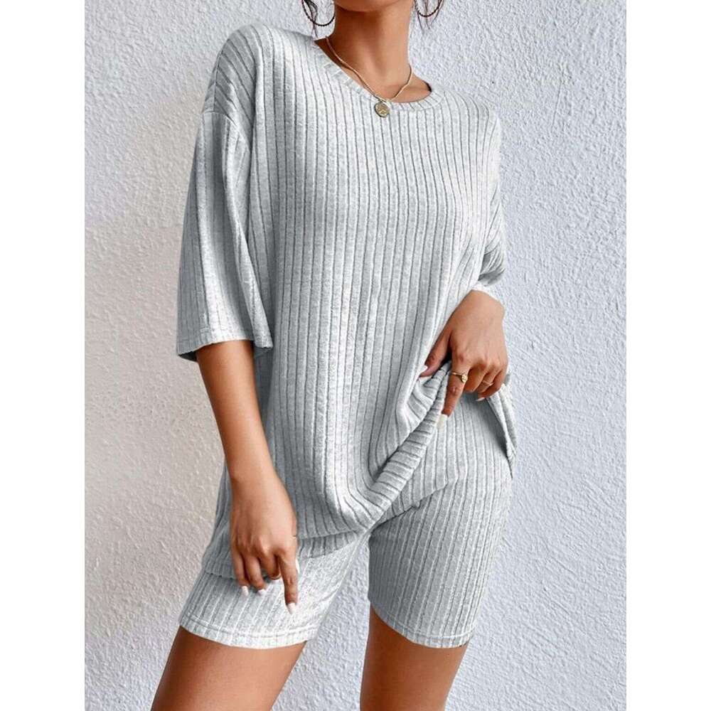 New European and American 2026 fashion casual solid Designer color spring round-neck loose women's shorts set