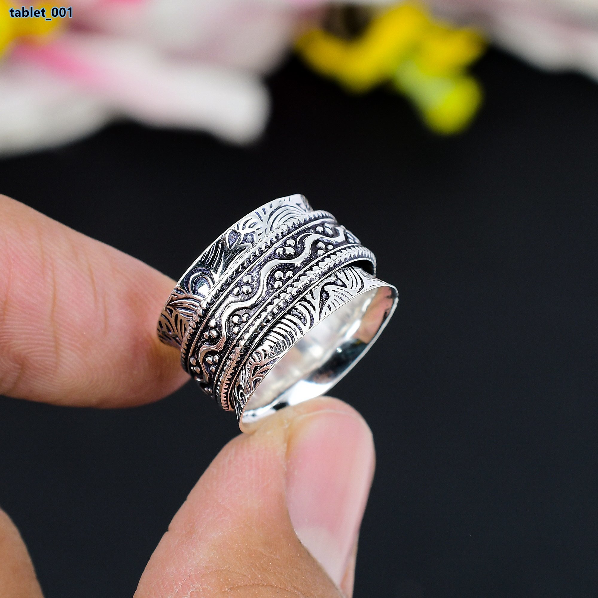 Handmade Solid German Silver Christian Boho Engagement Spinner Ring Zircon Resizable for Wedding Party Unisex Meditation Band