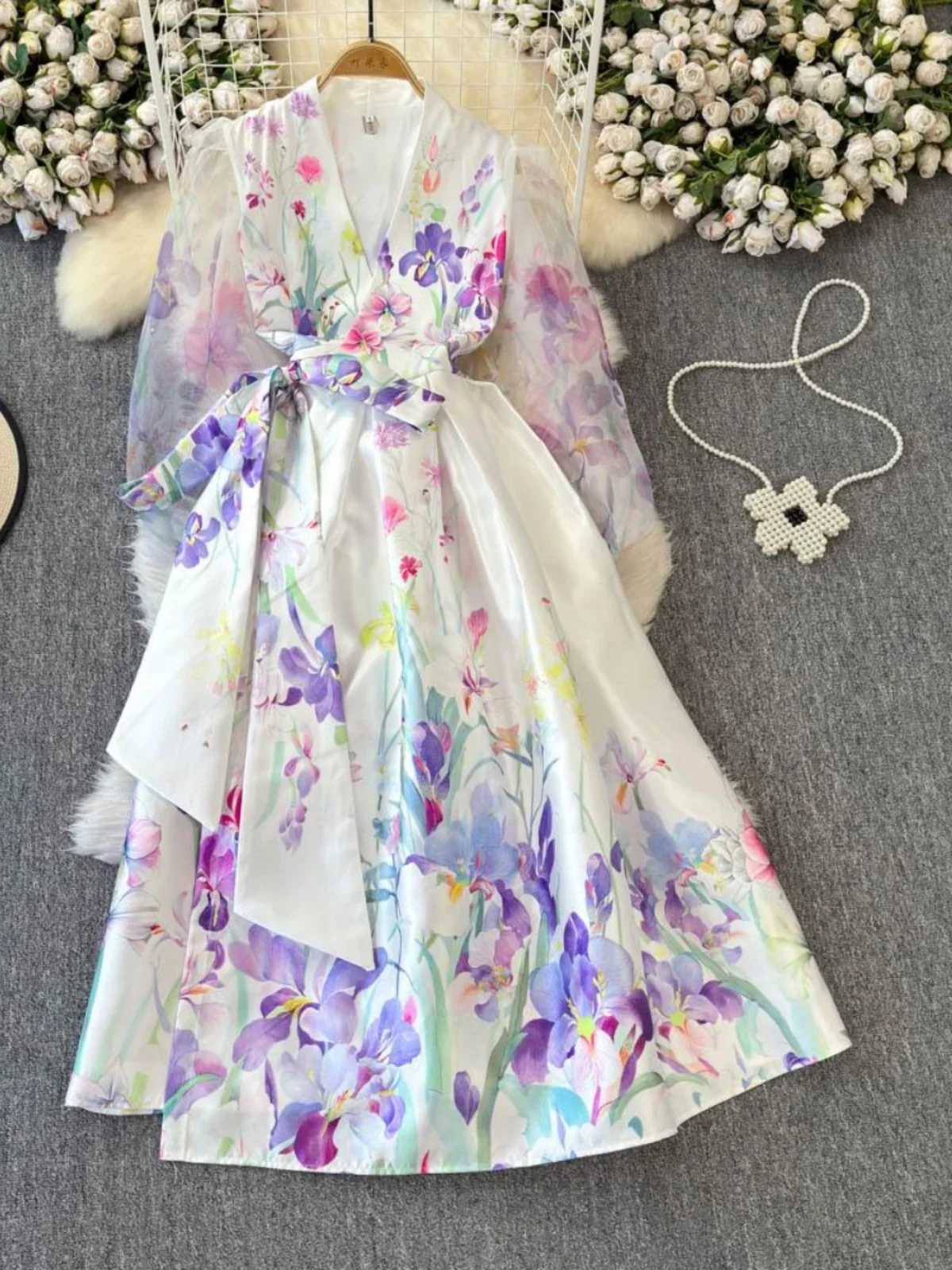European Fashion Printed Dress Woman 2026 New Slim Waist Lantern Sleeve Temperament Big Swing Robes Gauze Splicing Vestidos X260306