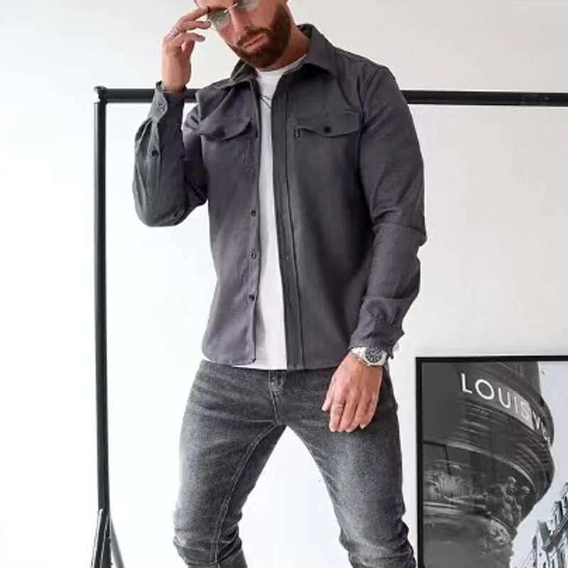 Men's casual shirt jacket autumn and winter long sleeved lapel top men's single breasted solid color pocket jacket