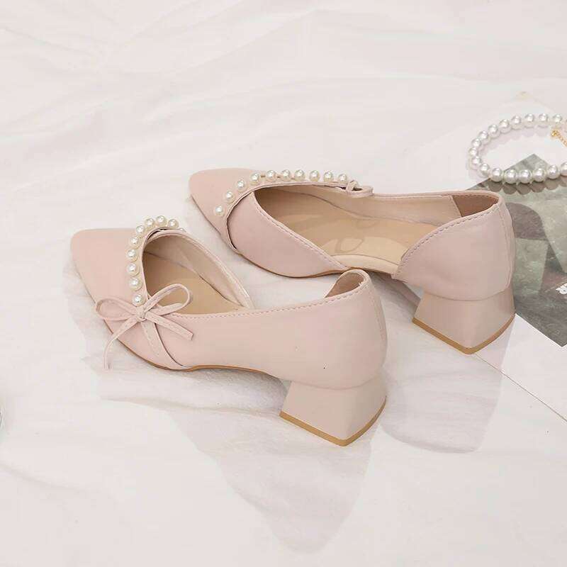 Women's Elegant Pointed Toe Pumps Pearl Bowknot Design Low Chunky Heels Comfortable Cutout Dress Shoes for Wedding Party Office