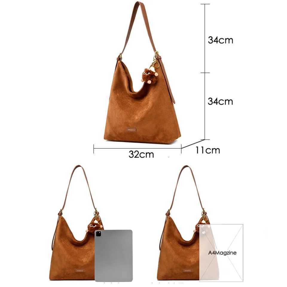 Genuine Womens Top Quality Suede Hobo Bag Large Capacity Shoulder Bag with Pom Charm Fits A4 Tablet for Daily Use 2026 H260306
