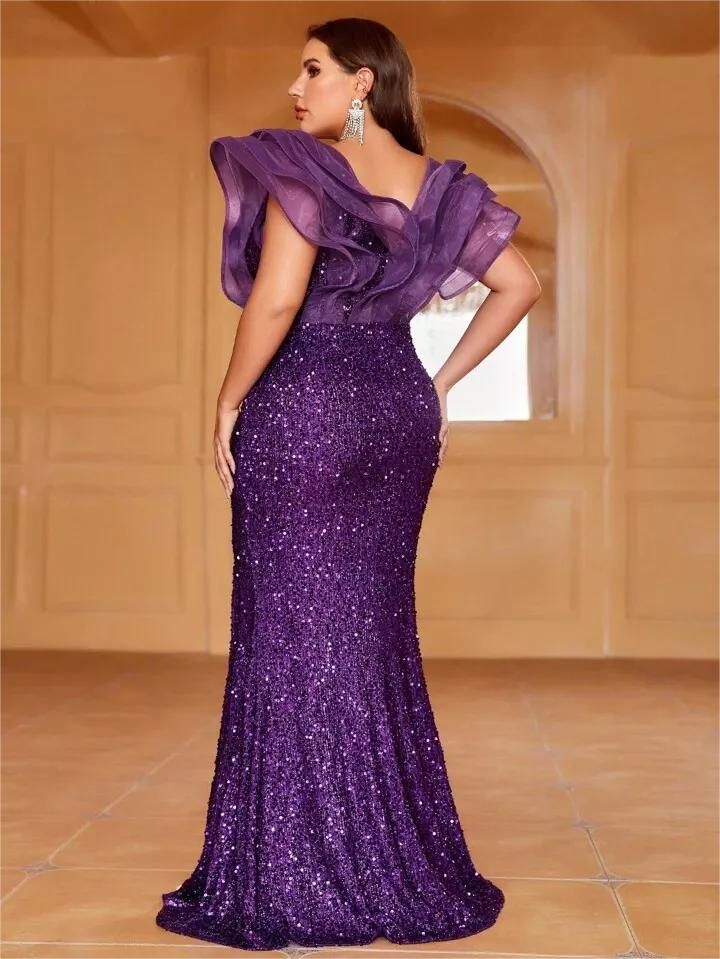 Purple Plus Size Sequined Prom Dresses Mermaid Sheer Plunging Neckline Evening Gowns Beaded Floor Length Special Occasion Dress
