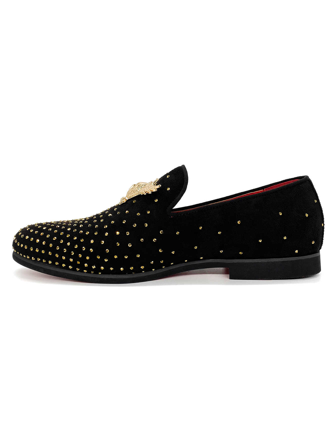 Men's Velvet Loafers Gold Studded Eagle Emblem Red Sole Slip On Dress Shoes Luxury Black Velvet Men's Loafers